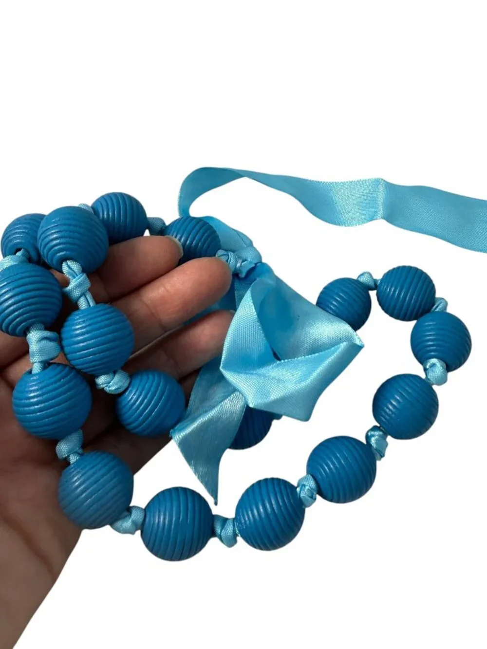 Blue Ribbed Bead Gumball Statement Necklace Satin Ribbon Tie Chunky Boho